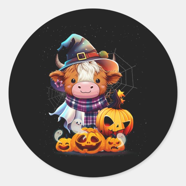 Cute Highland Cow Pumpkin Western Halloween Funny  Classic Round Sticker (Front)