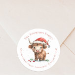 Cute Highland Cow Return Name Address Christmas Classic Round Sticker<br><div class="desc">Cute Highland Cow Return Name Address Christmas. Add some colourful festive cuteness to your Holiday mailings with this charming baby highland cow in a Santa Hat design,   with your name curved above and your return address curved below.   All the text can be easily personalised.</div>