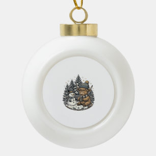 Cute Highland Cow Snowman Winter Shirt Design_1 Ceramic Ball Christmas Ornament