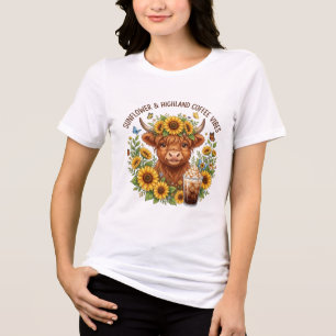 Cute Highland Cow Sunflower Coffee Vibes Art Tri-Blend Shirt