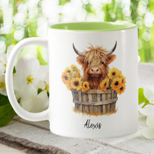 Cute Highland Cow Sunflowers Floral Custom Two-Tone Coffee Mug
