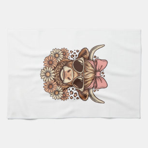 Cute Highland Cow Sunglasses Pink Bow Vintage Art_ Kitchen Towel