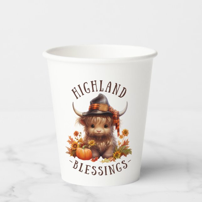 Cute Highland Cow Thanksgiving Blessings Paper Cups (Front)
