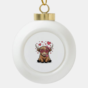 Cute Highland Cow Valentine Heart Glasses Vector_1 Ceramic Ball Christmas Ornament