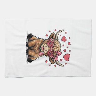 Cute Highland Cow Valentine Heart Glasses Vector_1 Kitchen Towel