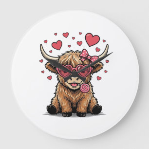 Cute Highland Cow Valentine Heart Glasses Vector_1 Large Clock