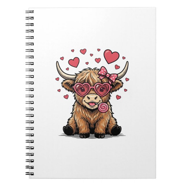 Cute Highland Cow Valentine Heart Glasses Vector_1 Notebook (Front)