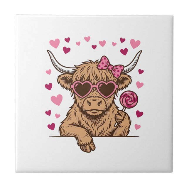 Cute Highland Cow Valentine Sunglasses Vector Desi Tile (Front)