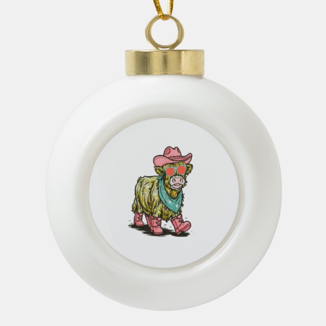 Cute Highland Cow , Western Ceramic Ball Christmas Ornament (Front)