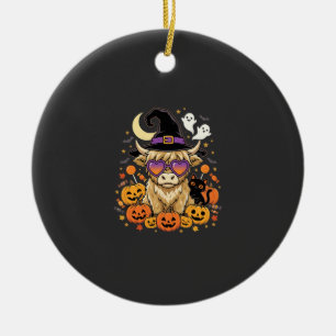 Cute Highland Cow Witch Halloween Pumpkin Party Ceramic Ornament