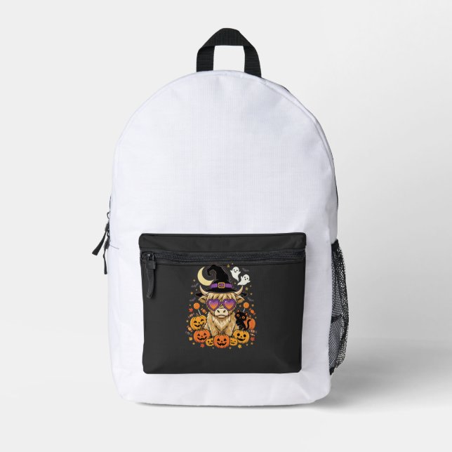 Cute Highland Cow Witch Halloween Pumpkin Party Printed Backpack (Front)