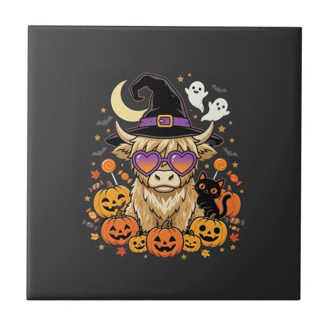 Cute Highland Cow Witch Halloween Pumpkin Party Tile (Front)