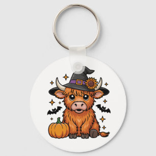 Cute Highland Cow Witch with Pumpkin Halloween Keychain