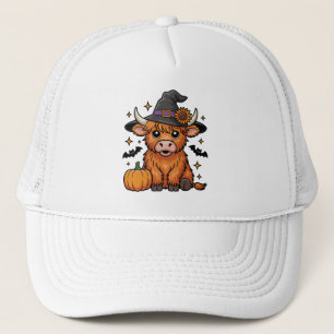 Cute Highland Cow Witch with Pumpkin Halloween  Trucker Hat