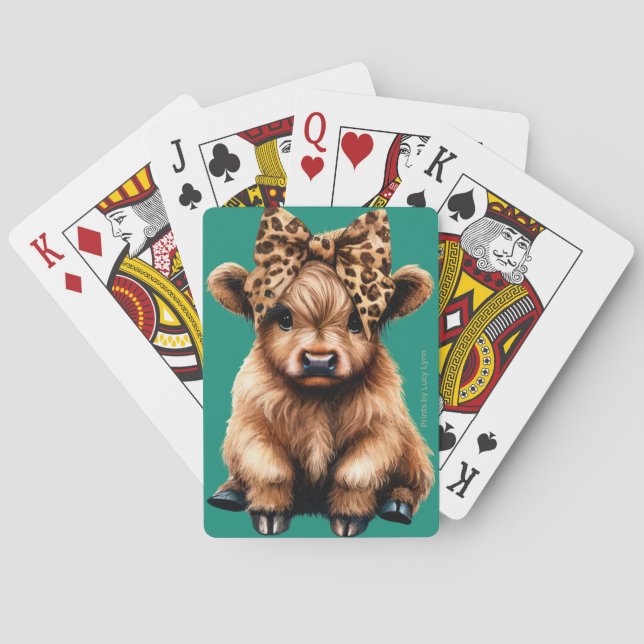 Cute Highland Cow with Bow Playing Cards Green (Back)