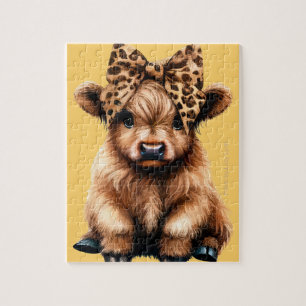 Cute Highland Cow with Bow Yellow Jigsaw Puzzle