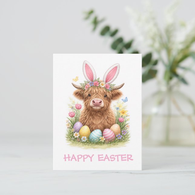 Cute Highland Cow with Bunny Ears Easter  Postcard (Standing Front)