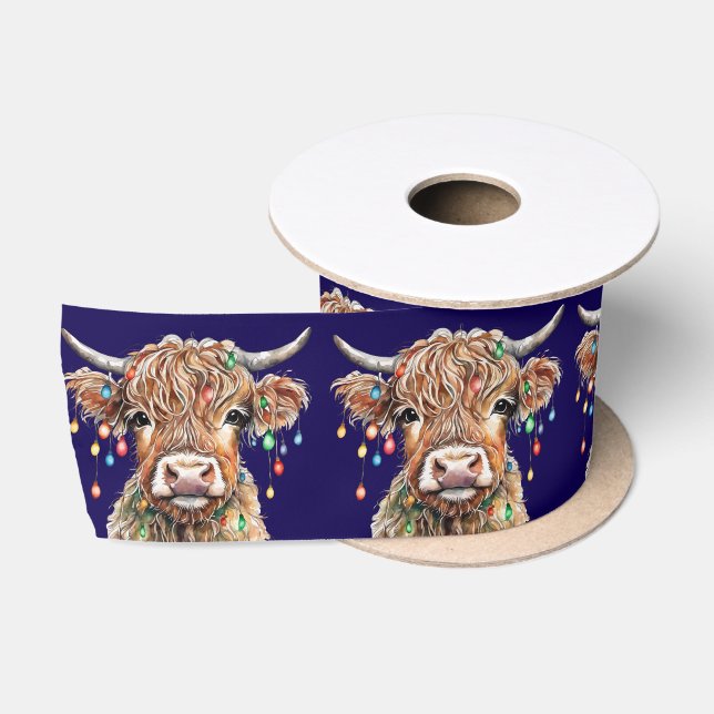 Cute Highland Cow with Christmas Lights Satin Ribbon (Spool)