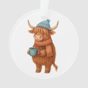 Cute Highland Cow with Coffee – Cozy Winter Ornament