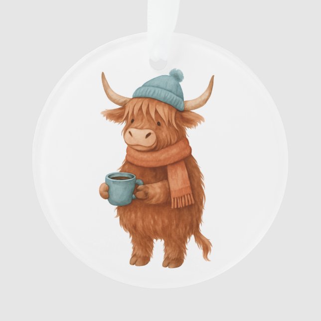 Cute Highland Cow with Coffee – Cozy Winter Ornament (Front)