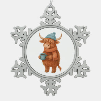 Cute Highland Cow with Coffee – Cozy Winter Snowflake Pewter Christmas Ornament