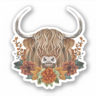 Cute Highland Cow with Fall Flowers 