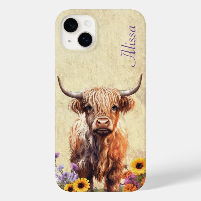 Cute Highland Cow with Name Case-Mate iPhone Case (Back)