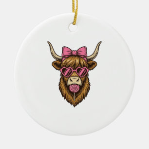Cute Highland Cow with Pink Heart Glasses Vector_1 Ceramic Ornament