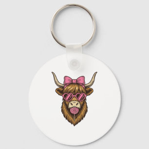 Cute Highland Cow with Pink Heart Glasses Vector_1 Keychain