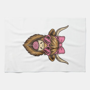 Cute Highland Cow with Pink Heart Glasses Vector_1 Kitchen Towel