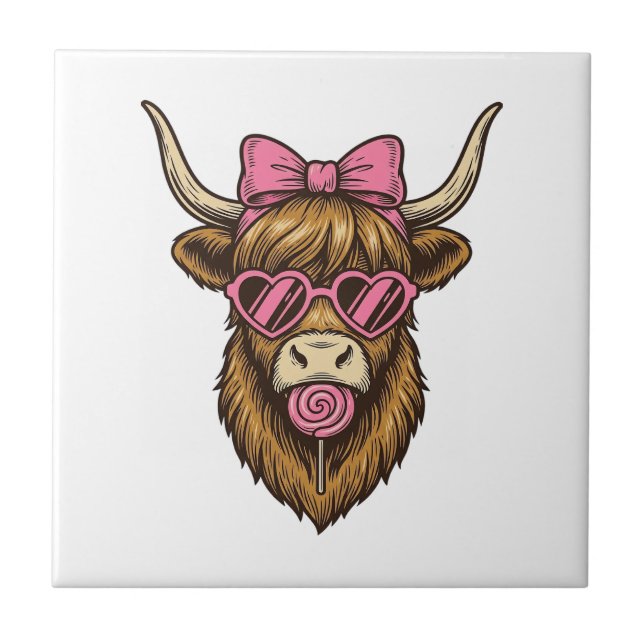 Cute Highland Cow with Pink Heart Glasses Vector_1 Tile (Front)