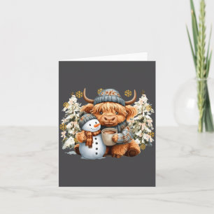 Cute Highland Cow With Snowman Hot Cocoa Christmas Card