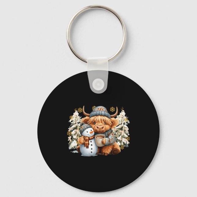 Cute Highland Cow With Snowman Hot Cocoa Christmas Keychain (Front)