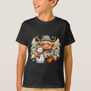 Cute Highland Cow With Snowman Hot Cocoa Christmas T-Shirt