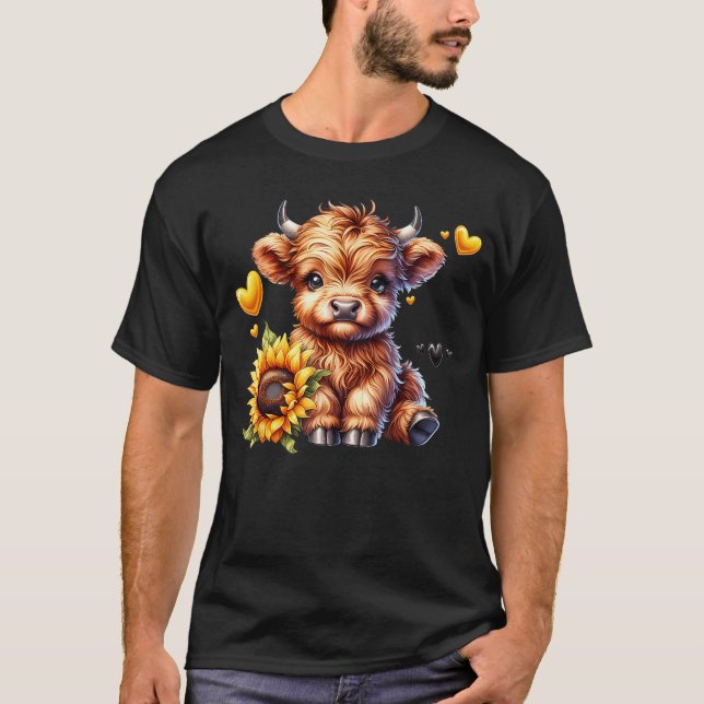 Cute Highland Cow with Sunflower Women Girl friend T-Shirt (Front)