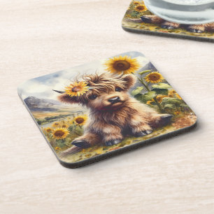 Cute Highland Cow With Sunflowers Coaster