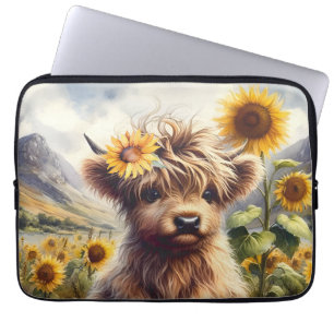 Cute Highland Cow With Sunflowers Laptop Sleeve