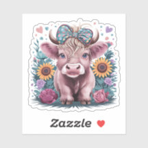 Cute Highland Cow with Teal Flowers Coquette Bow