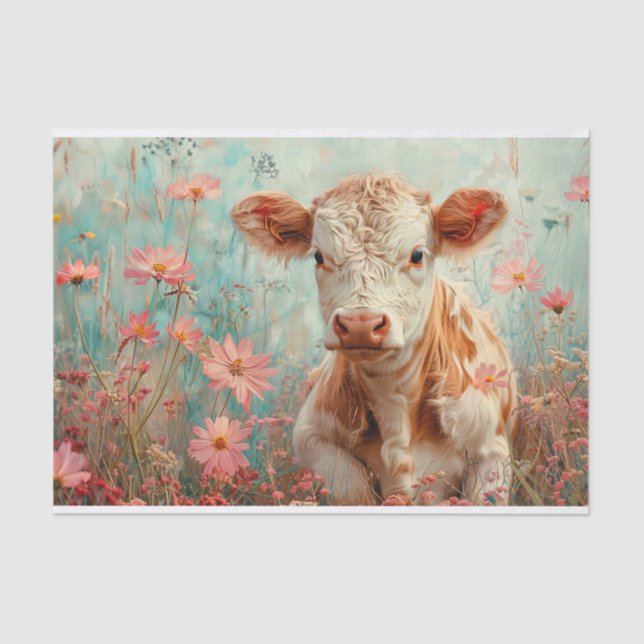 Cute Highland Cow with Wildflowers for Decoupage Tissue Paper (Front)