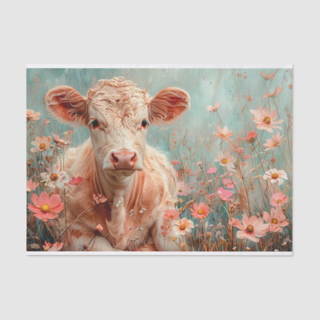 Cute Highland Cow with Wildflowers for Decoupage Tissue Paper (Front)