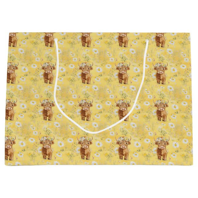 Cute Highland Cows and Flowers Large Gift Bag (Front)