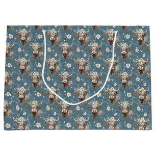 Cute Highland Cows and Flowers Large Gift Bag