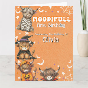 Cute Highland Cows Moodifull Halloween Birthday Card