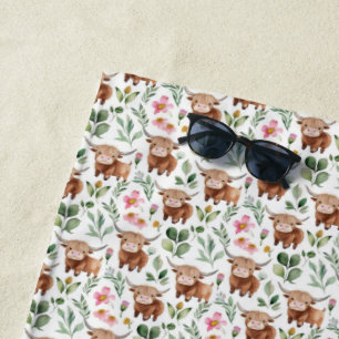 Cute Highland Cows & Pink Flowers Pattern Floral Beach Towel