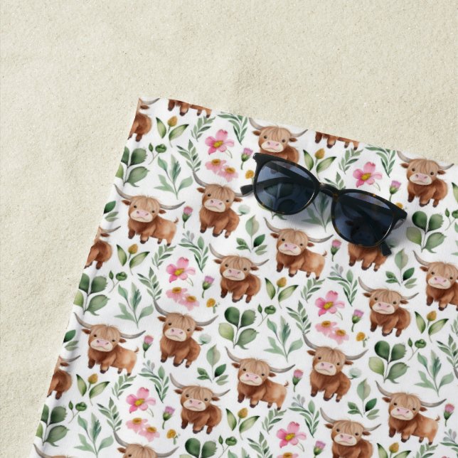Cute Highland Cows & Pink Flowers Pattern Floral Beach Towel (In Situ)