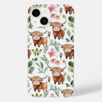 Cute Highland Cows & Pink Flowers Pattern Floral