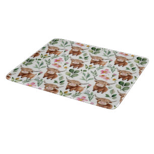 Cute Highland Cows & Pink Flowers Pattern Floral Cutting Board