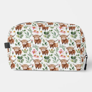 Cute Highland Cows & Pink Flowers Pattern Floral Dopp Kit