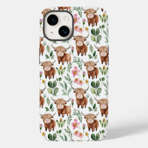 Cute Highland Cows & Pink Flowers Pattern Floral iPhone 14 Case