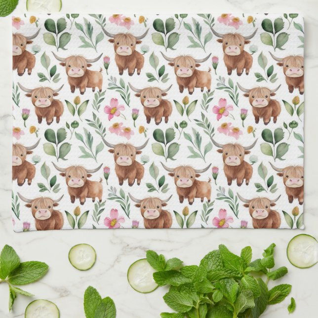 Cute Highland Cows & Pink Flowers Pattern Floral Kitchen Towel (Folded)